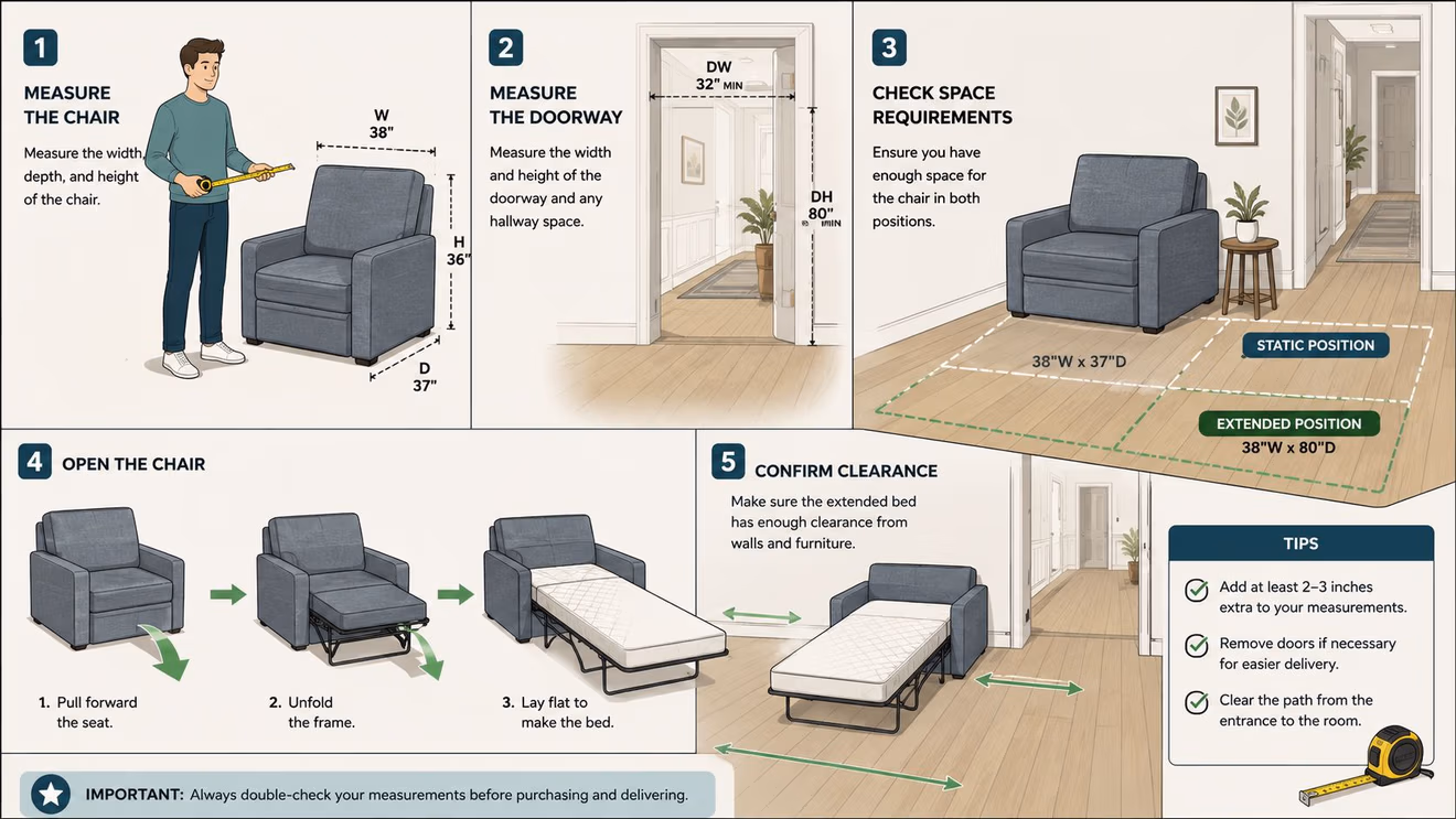 An infographic illustrating how to measure a twin sleeper chair for room placement and doorway delivery.