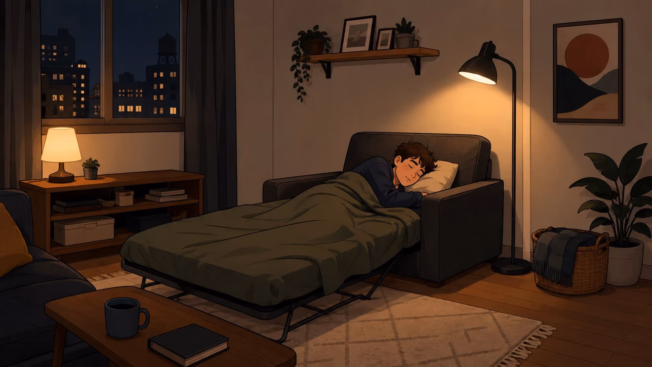 A person sleeping soundly on a dark grey twin sleeper chair in a cozy, dimly lit apartment bedroom.