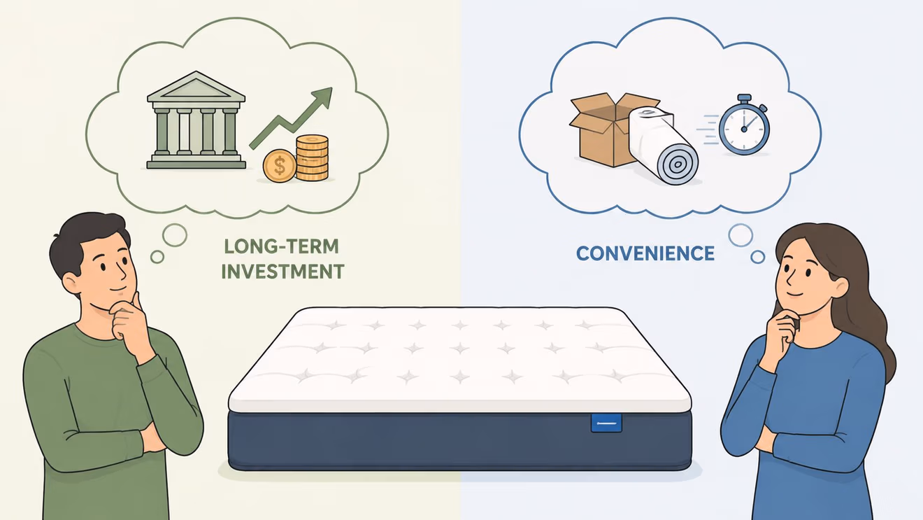 A man and woman considering a mattress, one focusing on long-term investment and the other on convenience.