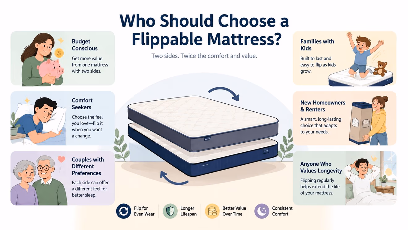 An infographic highlighting the benefits of choosing a flippable mattress for different types of sleepers.