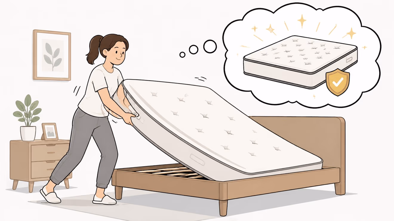 A woman flipping a mattress on a wooden bed frame while imagining a clean, protected mattress.