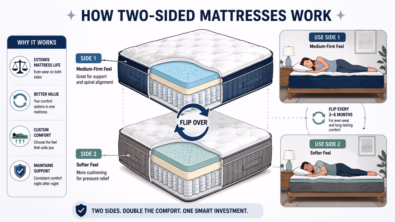 An infographic illustrating how two-sided mattresses work, featuring tips on flipping for comfort, support, and durability.