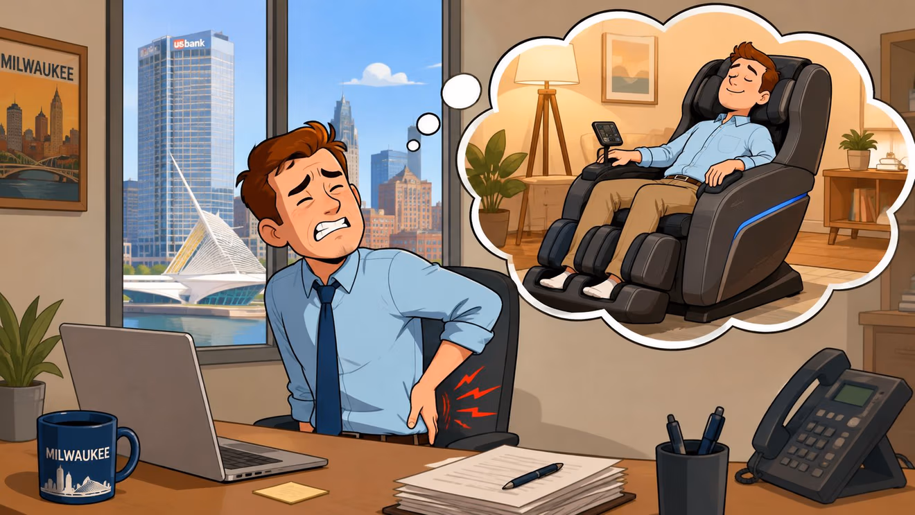 A stressed office worker with back pain imagines himself relaxing in a comfortable vibration massage chair.