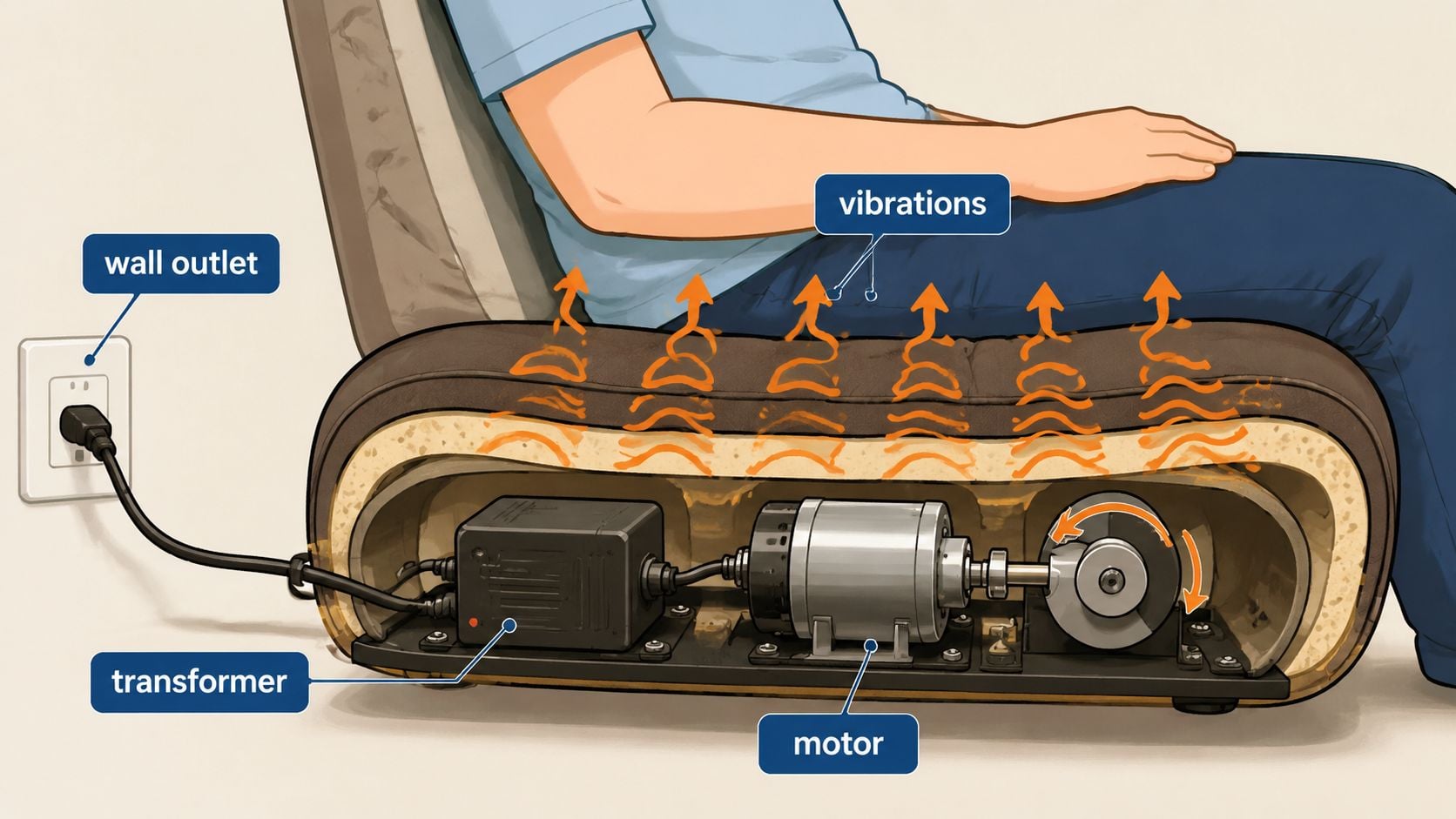 A cutaway illustration of a massage chair showing a motor and transformer creating vibrations for the user.