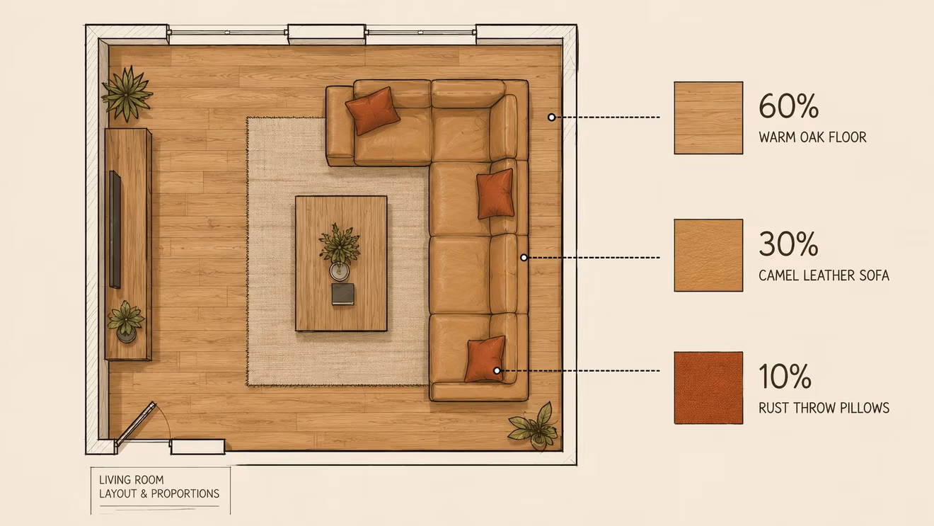An overhead floor plan illustration of a living room showcasing a warm earthy color palette design scheme.