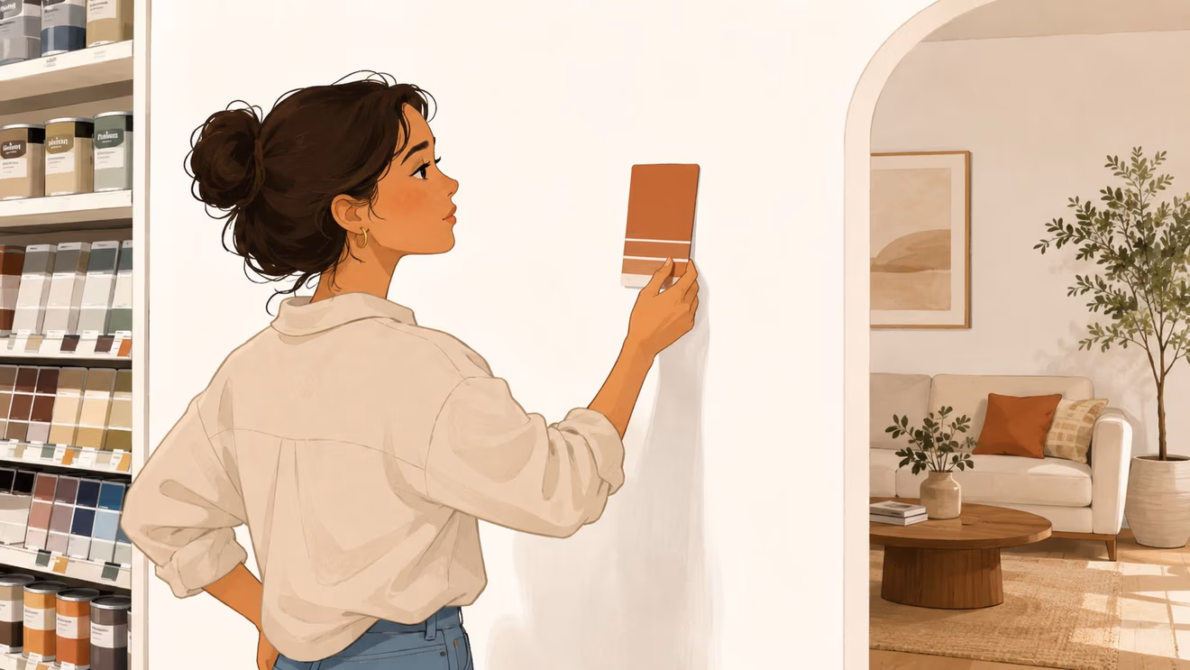 A woman holding a terracotta paint sample against a wall while choosing warm earthy interior paint colors.