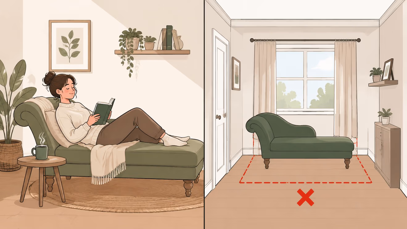 A split image showing a woman relaxing on a chaise lounge couch compared with a room layout.