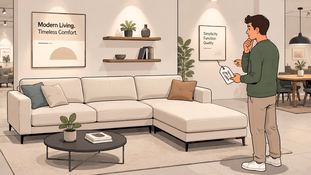 A man in a green sweater holding a price tag looks at a beige sectional chaise sofa.