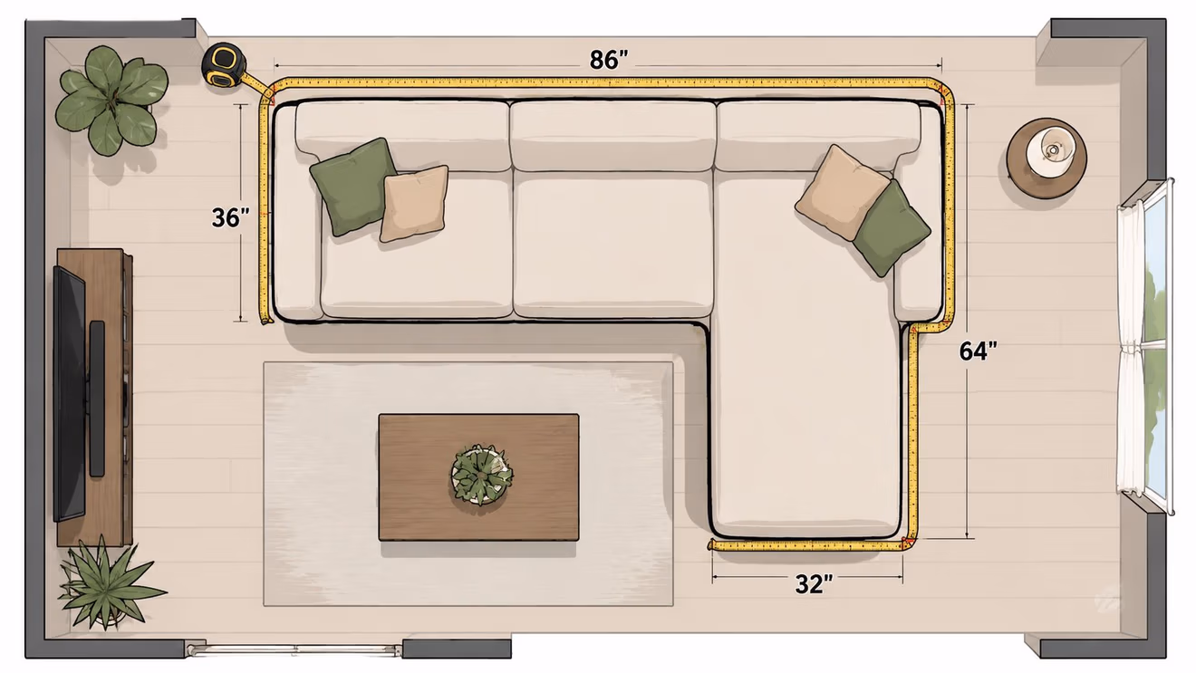 A top-down floor plan view showing a living room layout with a sectional chaise couch and dimensions.