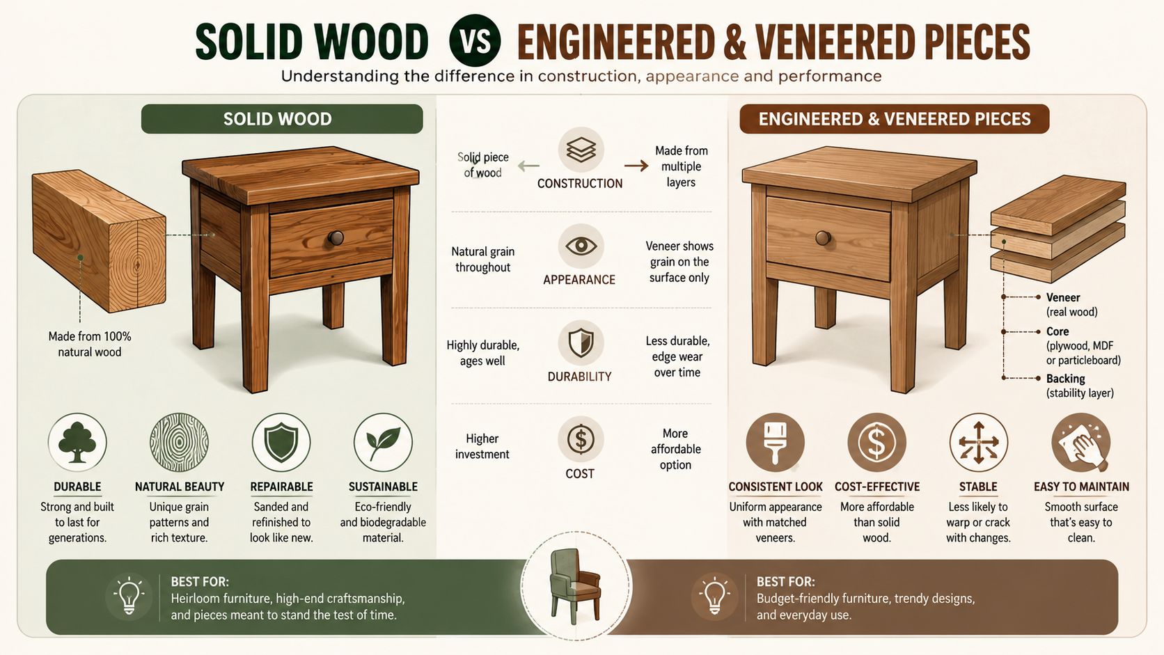 A comparison chart showing the construction, appearance, and durability differences between solid wood and engineered wood furniture.