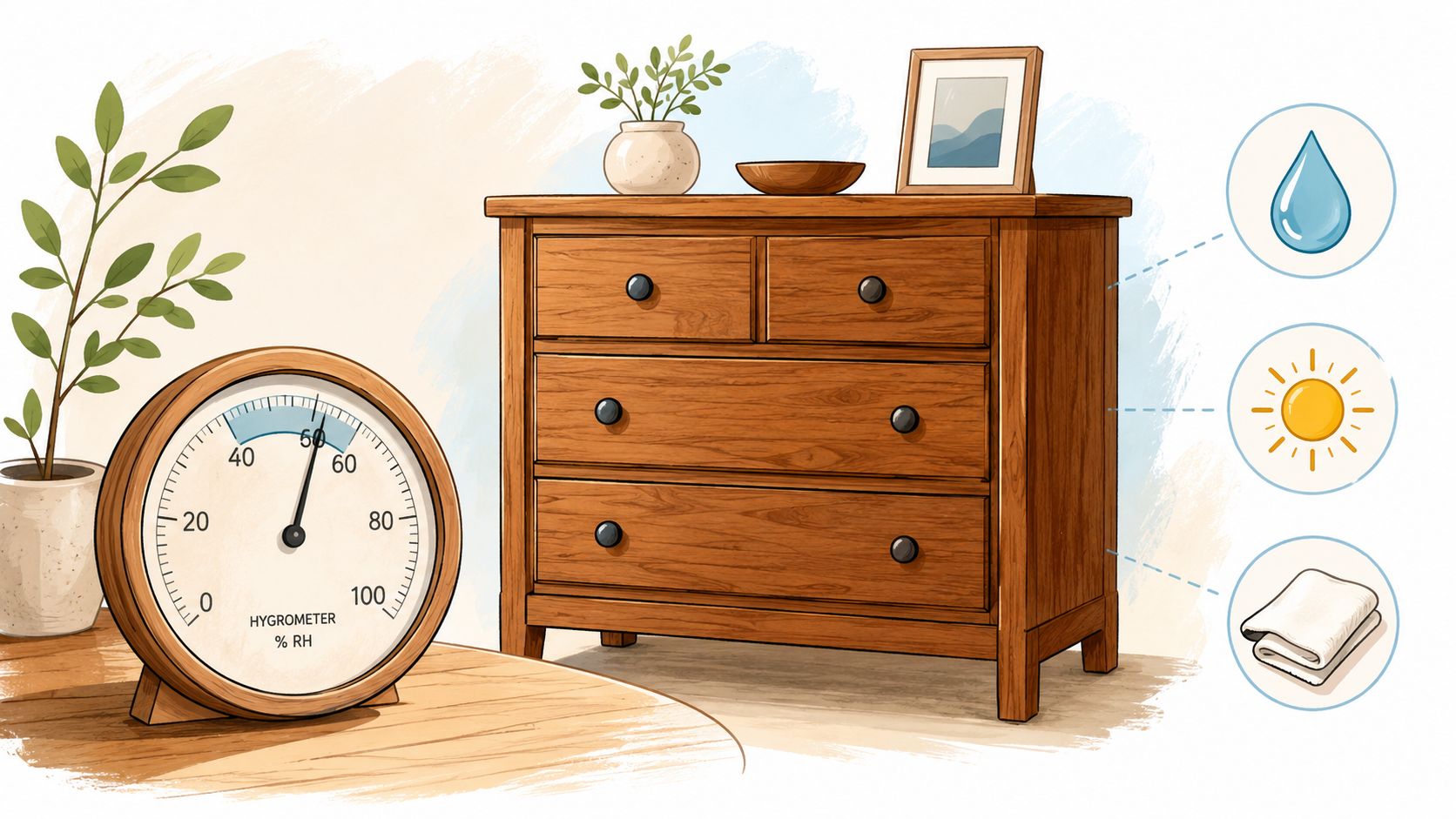 A wooden dresser next to a plant and a hygrometer displaying humidity levels in a room.
