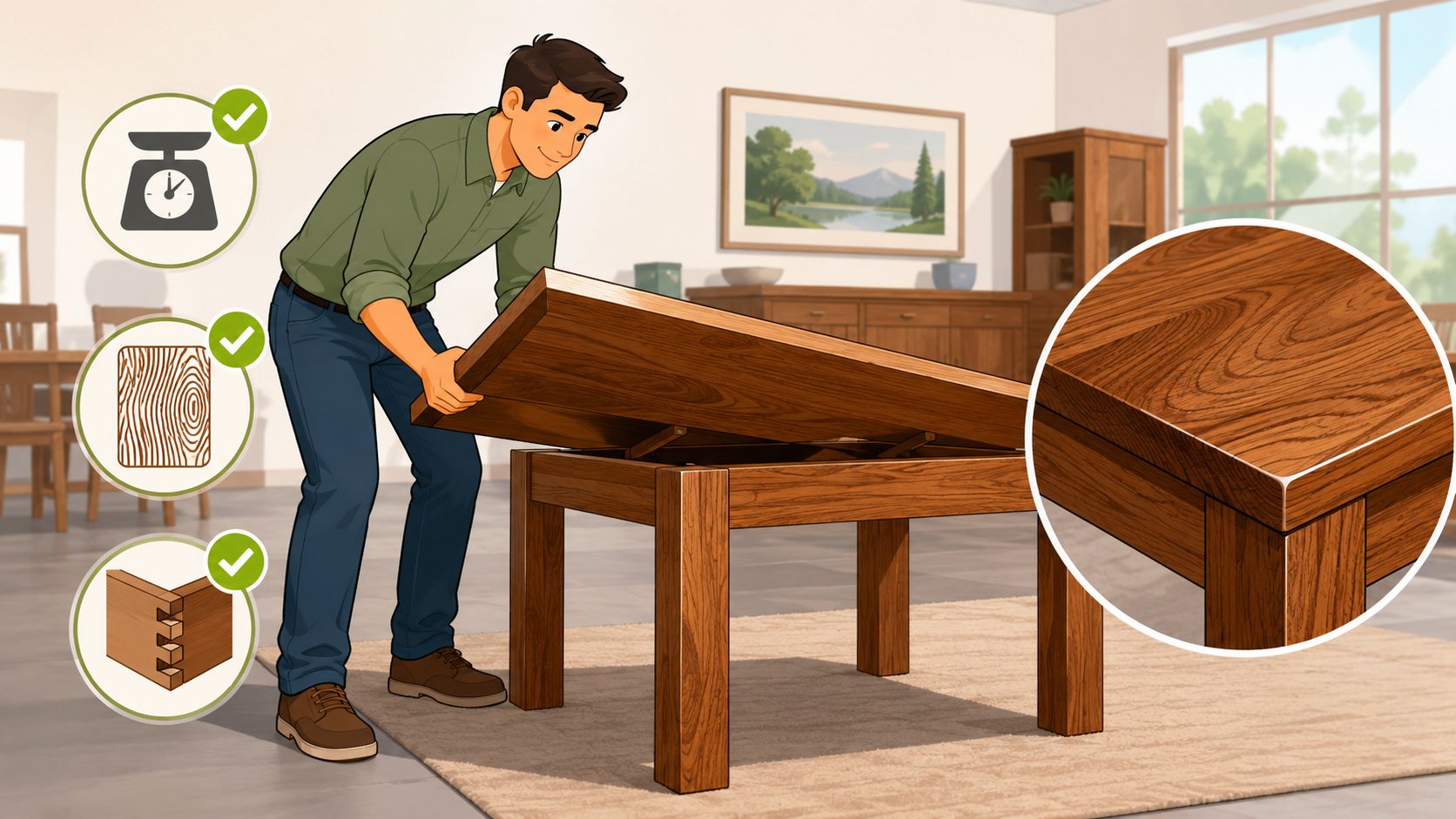 A man demonstrating the solid wood quality and construction of a convertible coffee table in a living room.
