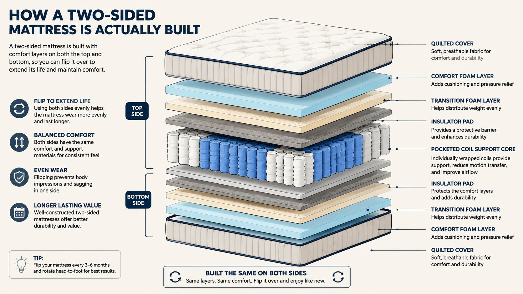 A detailed cross-section diagram showing the internal layers of a two-sided flippable mattress design.