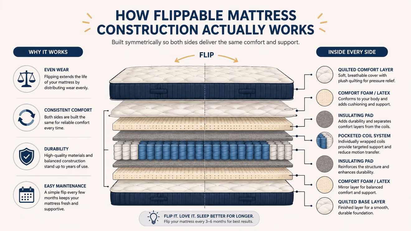 A diagram illustrating the symmetrical construction of a flippable mattress with its various comfort and support layers.