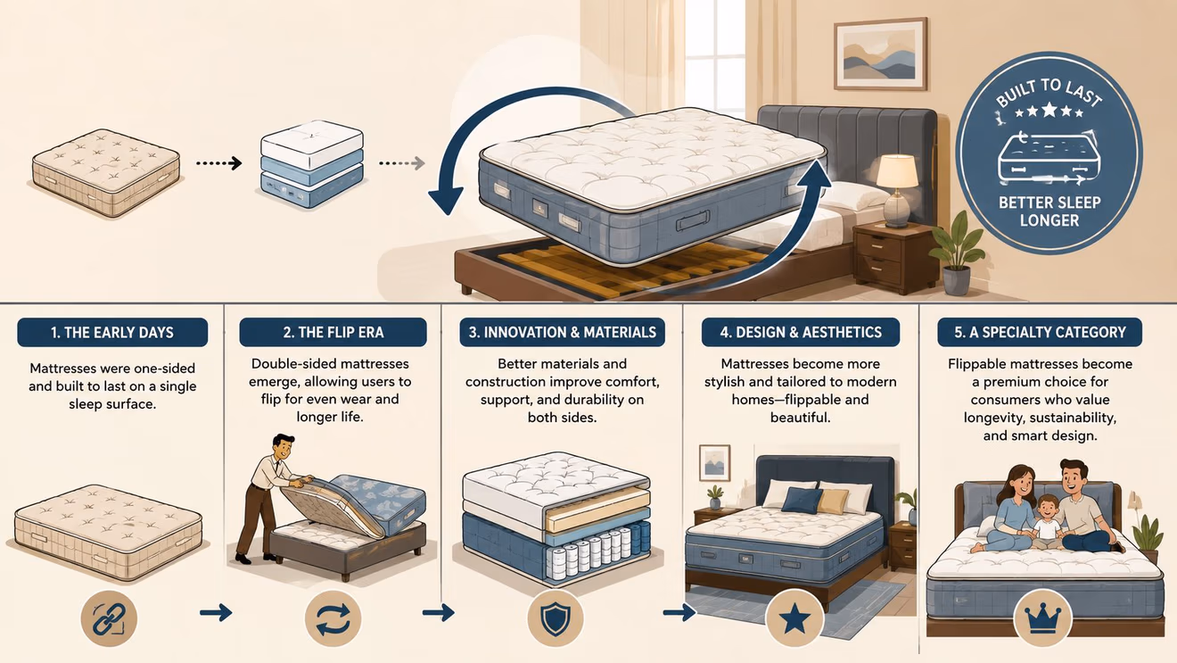 An infographic illustrating the historical evolution of mattress design from single-sided to modern premium flippable mattresses.