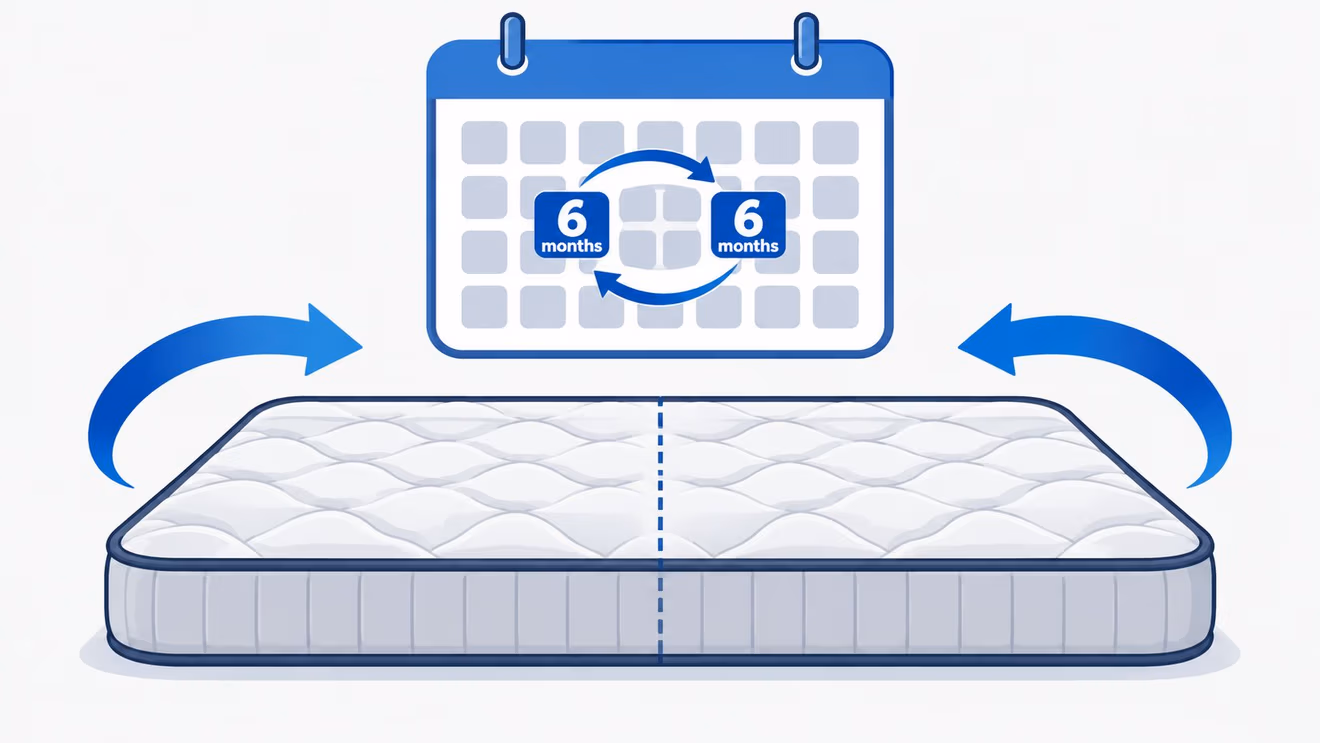 A graphic illustration showing a mattress with arrows indicating rotation, suggesting flipping it every six months.