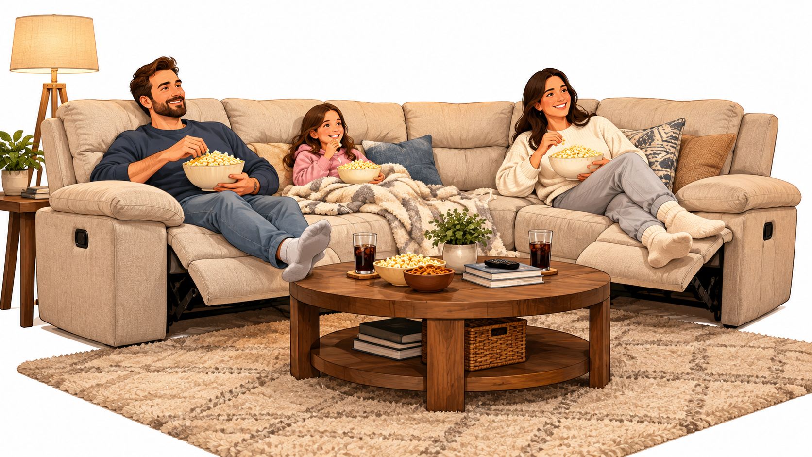 A happy family eating popcorn while relaxing on a large beige sectional sofa with built-in recliners together.