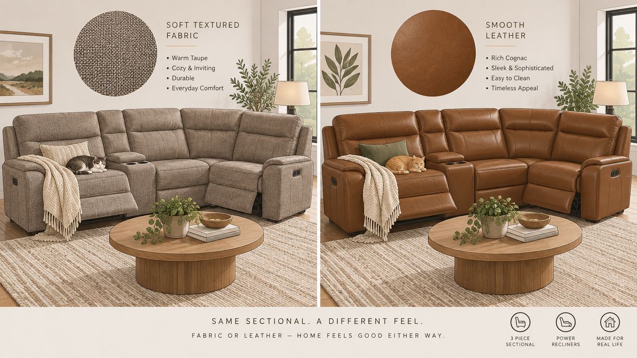 A split image showing a comfortable 3-piece sectional sofa available in textured taupe fabric or smooth cognac leather.