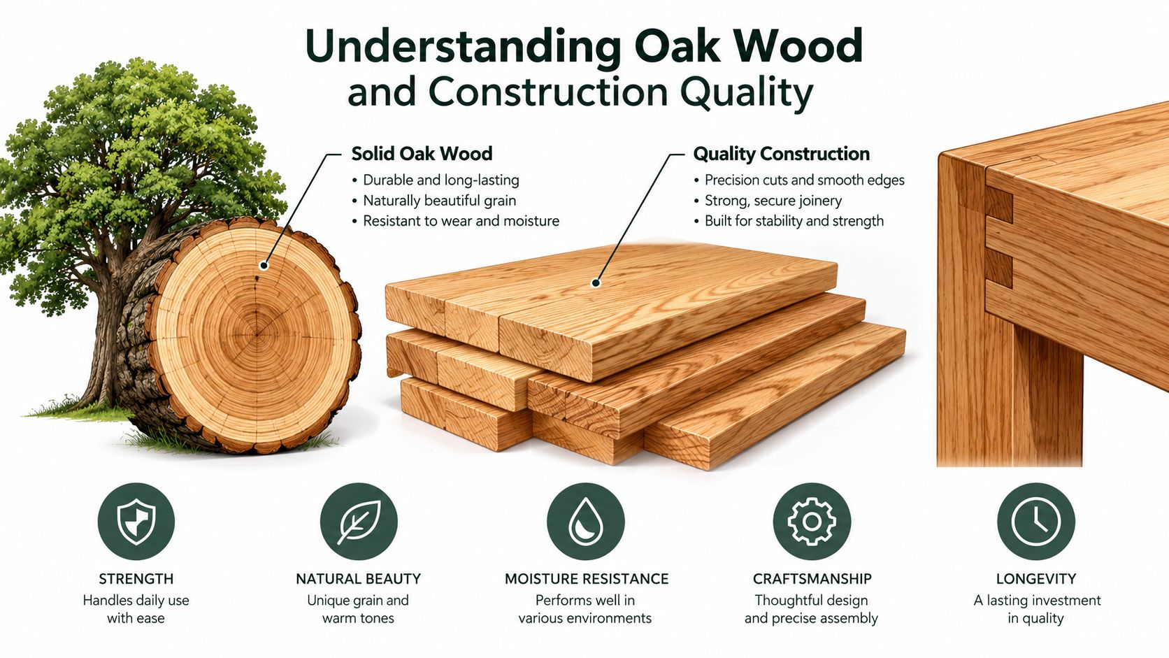 An educational infographic showing the benefits of solid oak wood and quality furniture construction techniques.