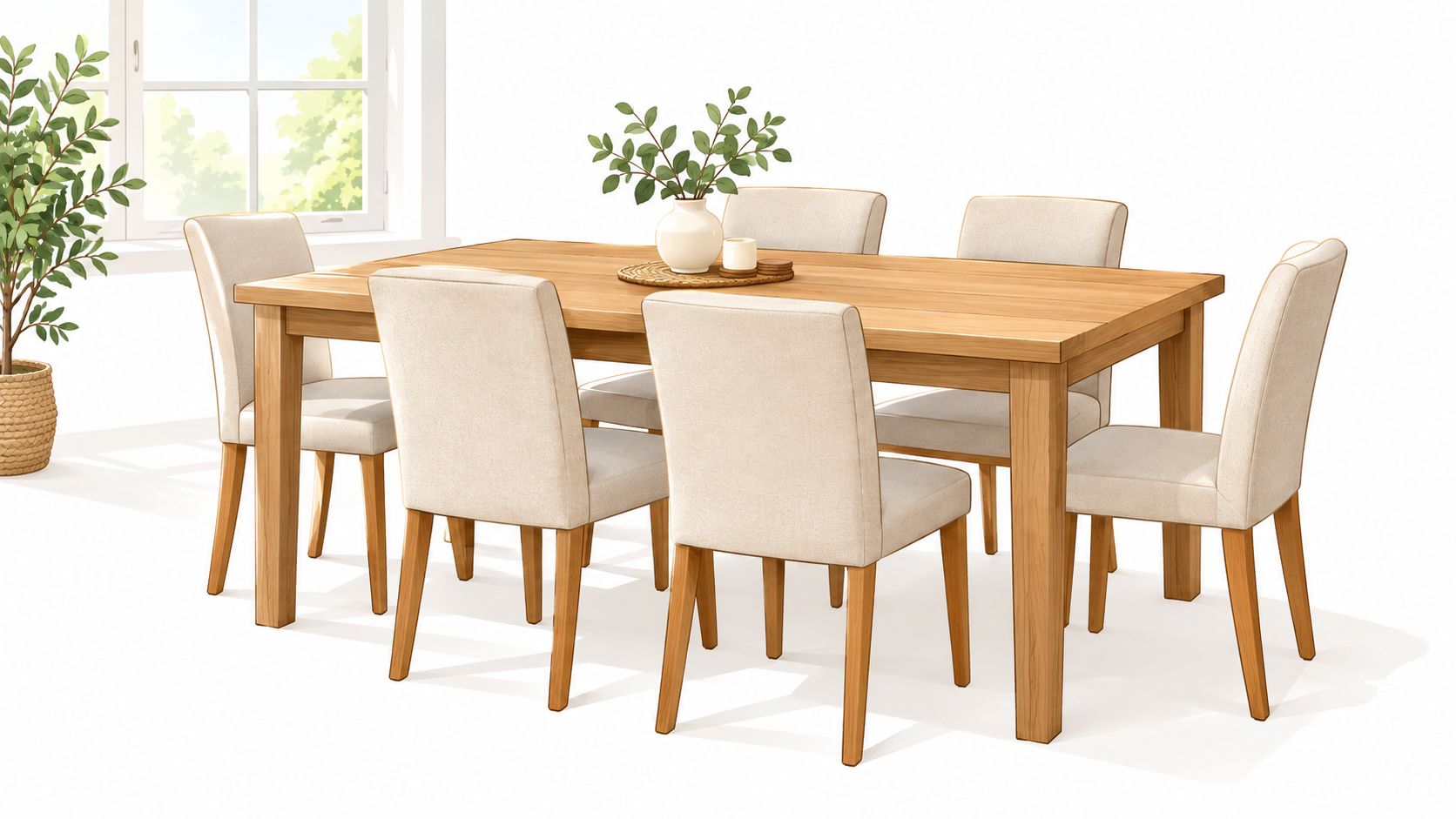 A modern wooden dining table set with six upholstered cream-colored chairs, decorated with a vase and greenery.