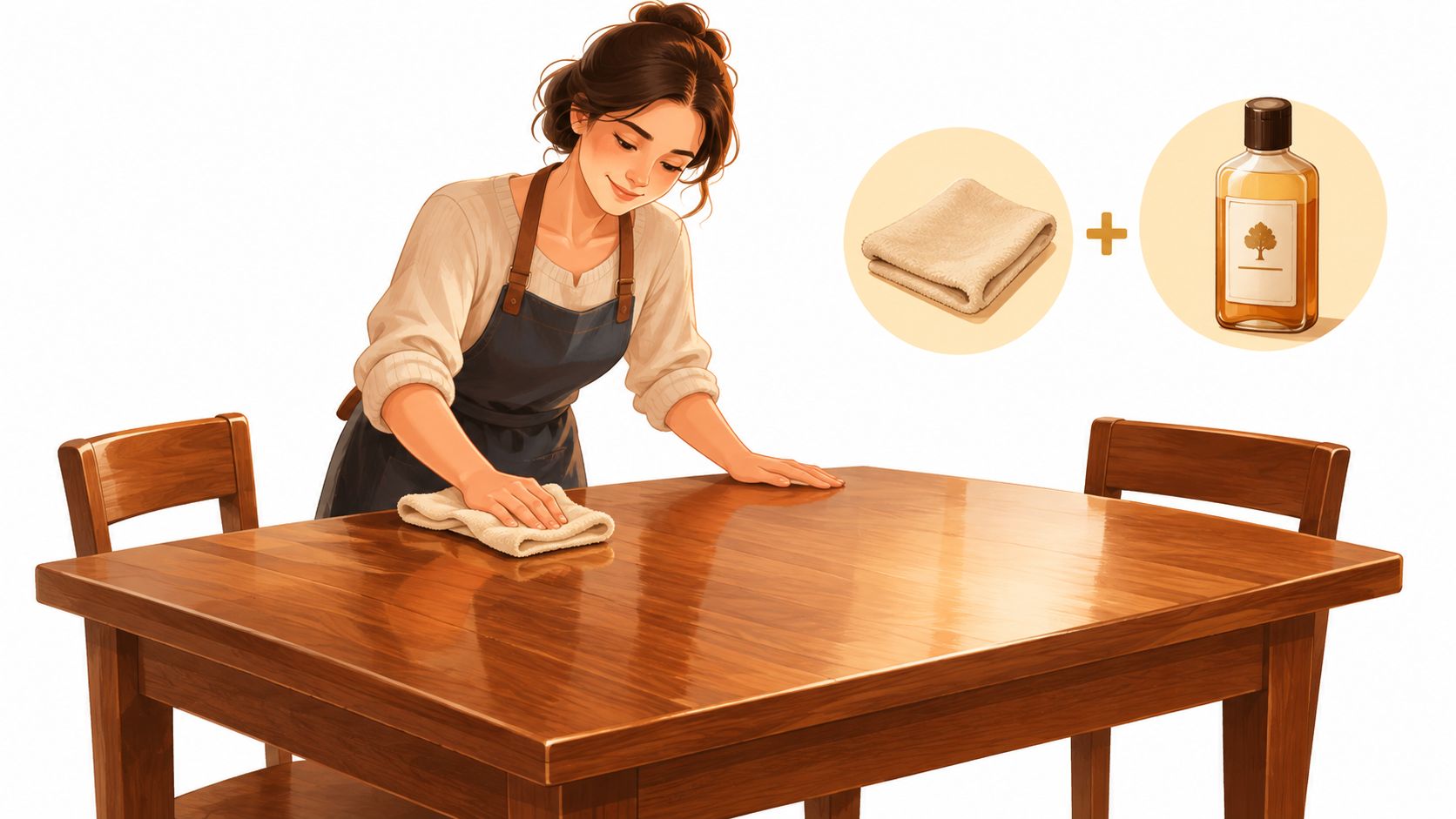A woman polishing a wooden 7 piece dining table set with a cloth and oil treatment.