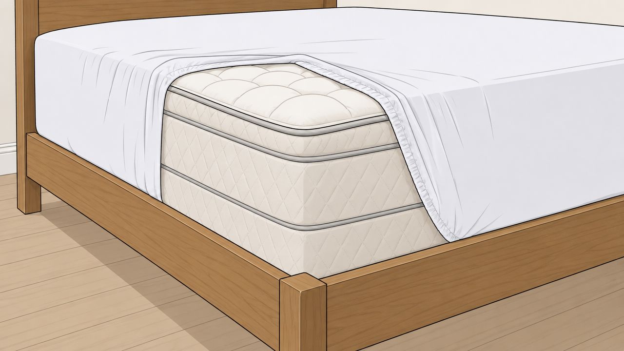 An illustration of a thick mattress on a wood frame, with a deep-pocket sheet pulled back to show the fit.