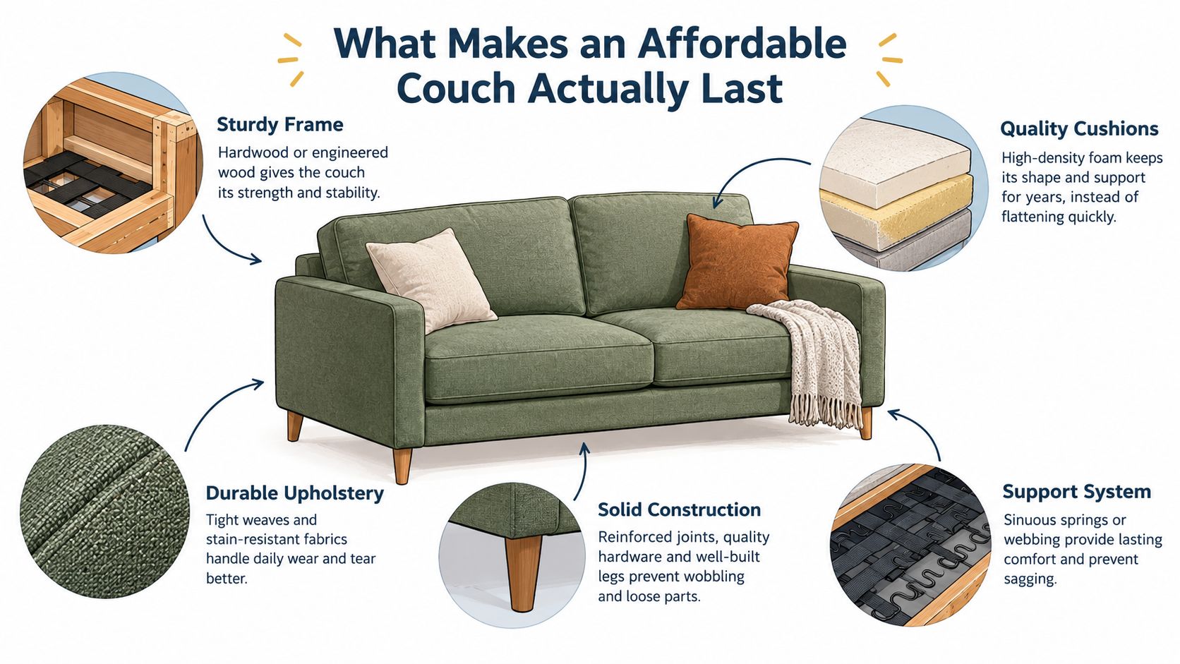 An infographic showing key features like frame, cushions, and support systems that ensure affordable couch durability.