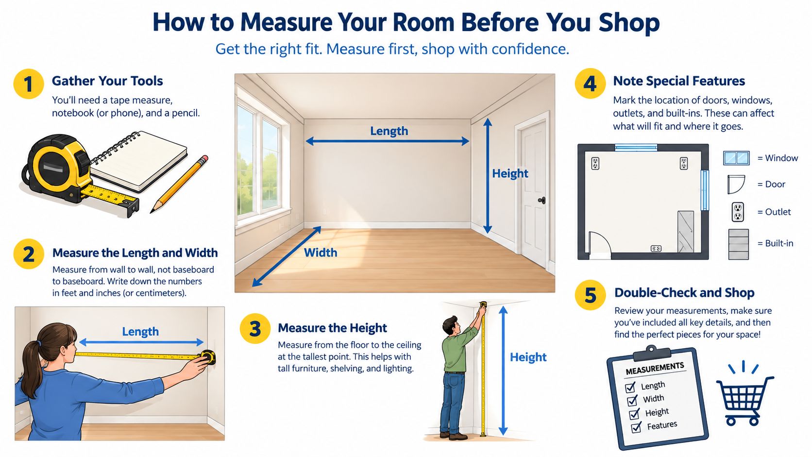 An instructional infographic detailing how to measure a room for furniture using a tape measure.