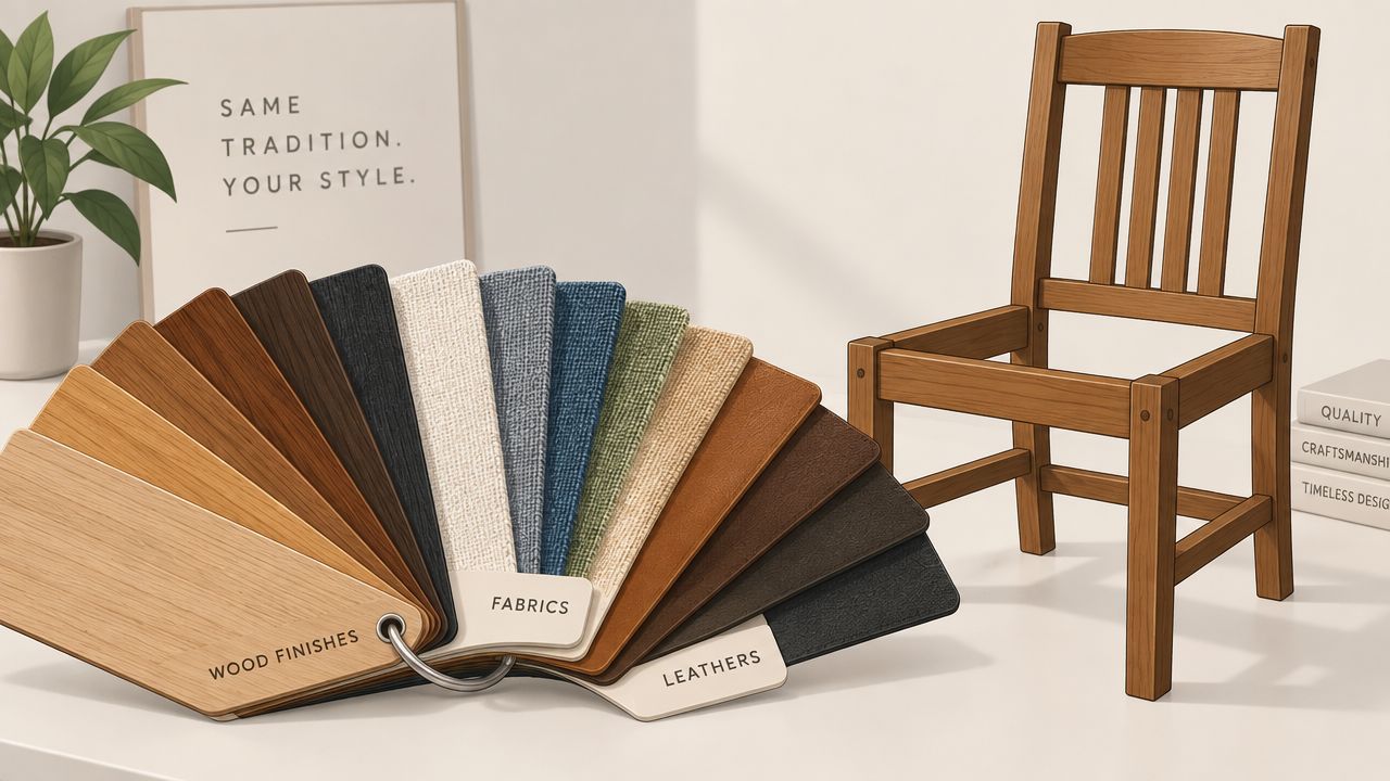 A sample fan deck with various wood finishes, fabrics, and leathers displayed next to a wooden chair.