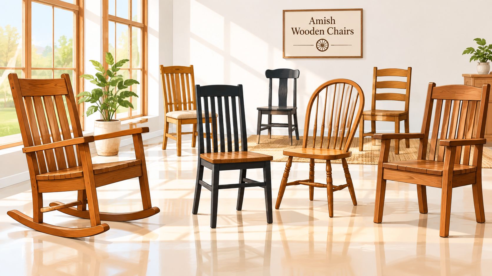 A bright, sunny showroom displaying various styles of handcrafted Amish wooden dining chairs and a rocking chair.