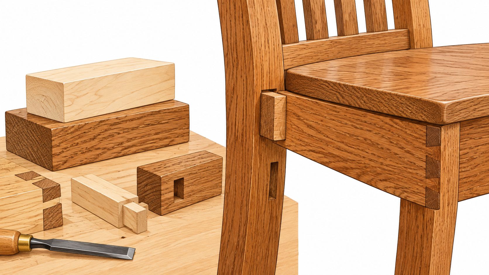 A close up view of an Amish dining chair featuring traditional woodworking joinery techniques and wooden building blocks.