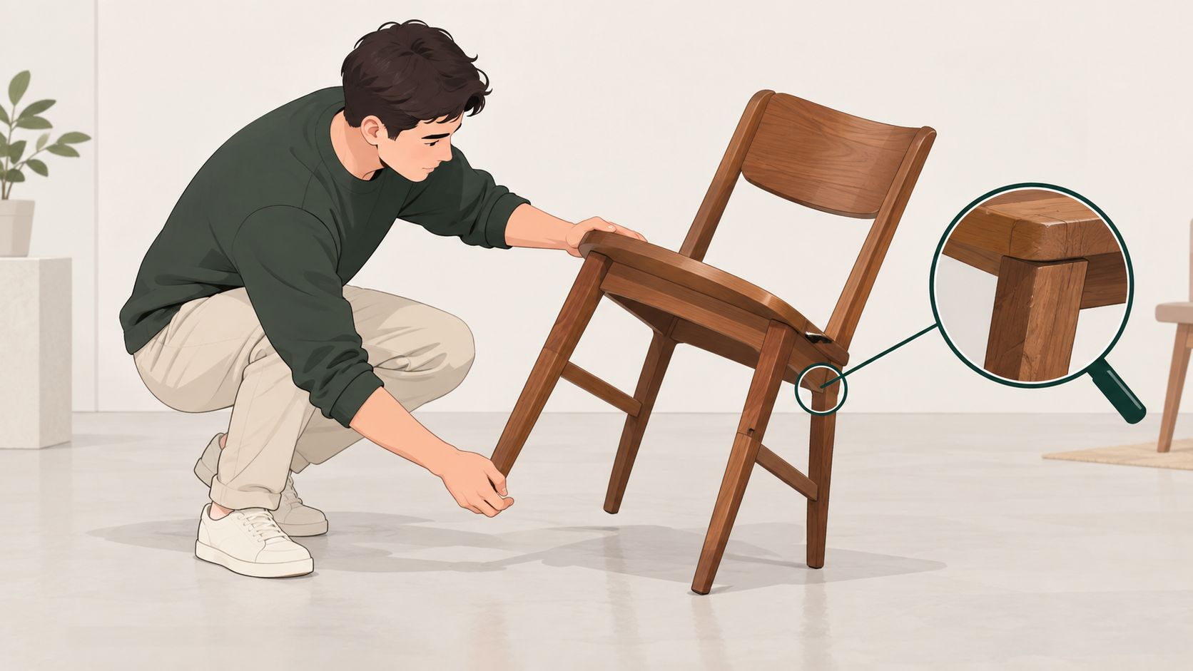 A craftsman inspecting the solid wood joinery and construction quality of a handcrafted wooden dining chair.