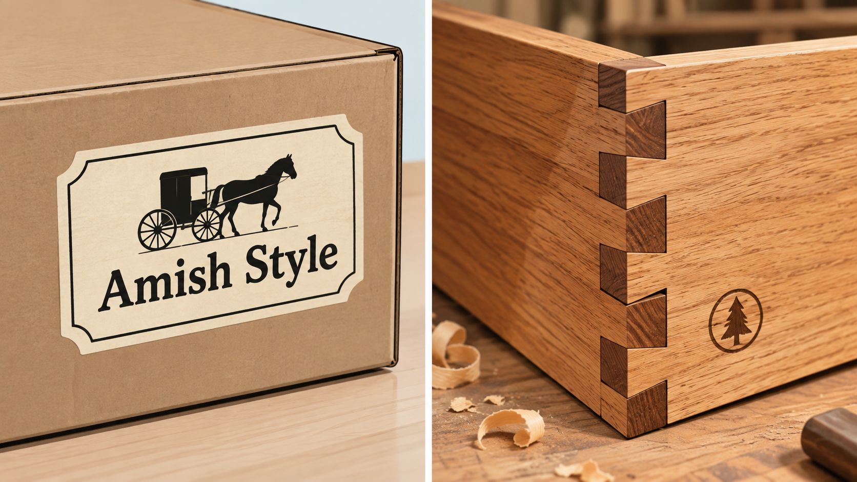 A split image showing a cardboard box with an Amish Style logo and a handcrafted wooden dovetail joint.