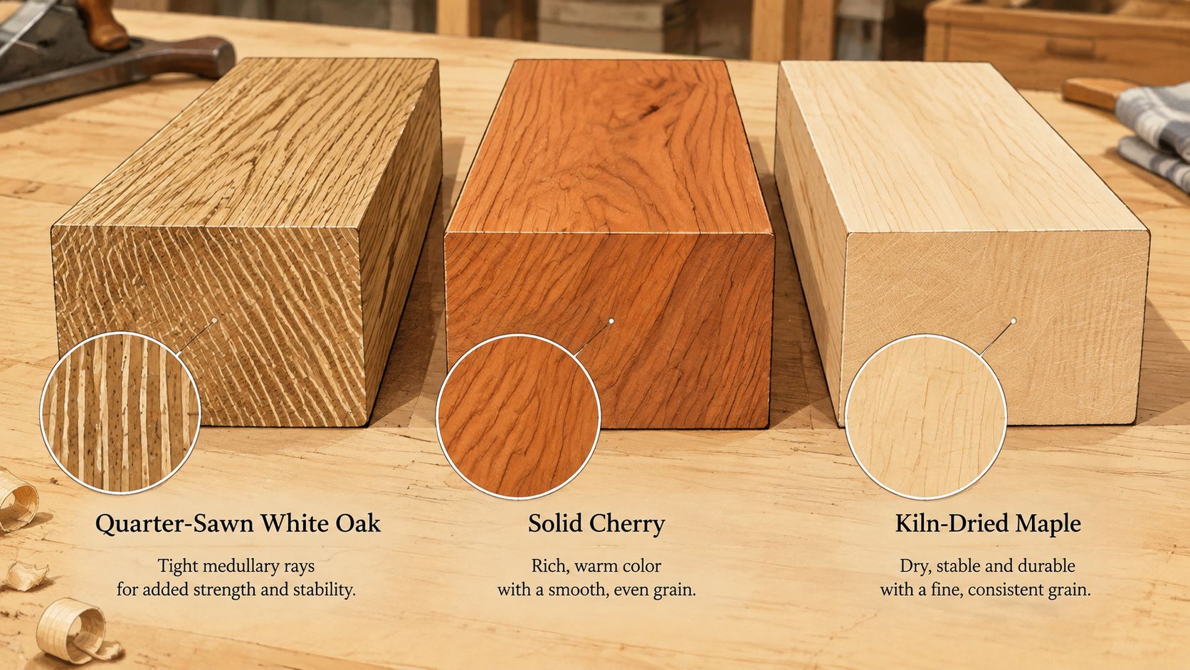 A wooden workbench holding three blocks of premium lumber: Quarter-Sawn White Oak, Solid Cherry, and Kiln-Dried Maple.