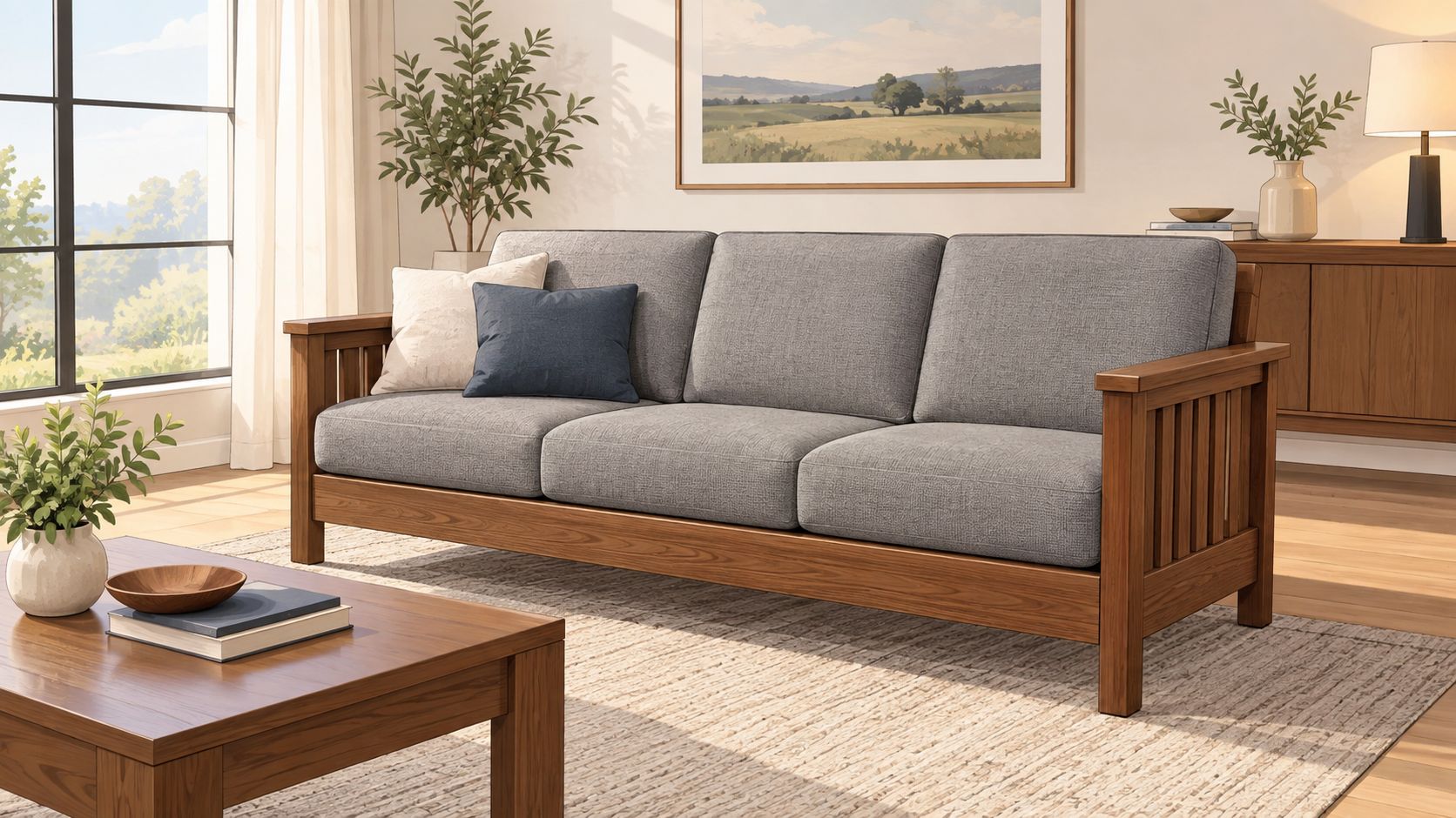 A well-crafted wooden sofa with grey cushions placed in a bright, modern living room with natural decor.