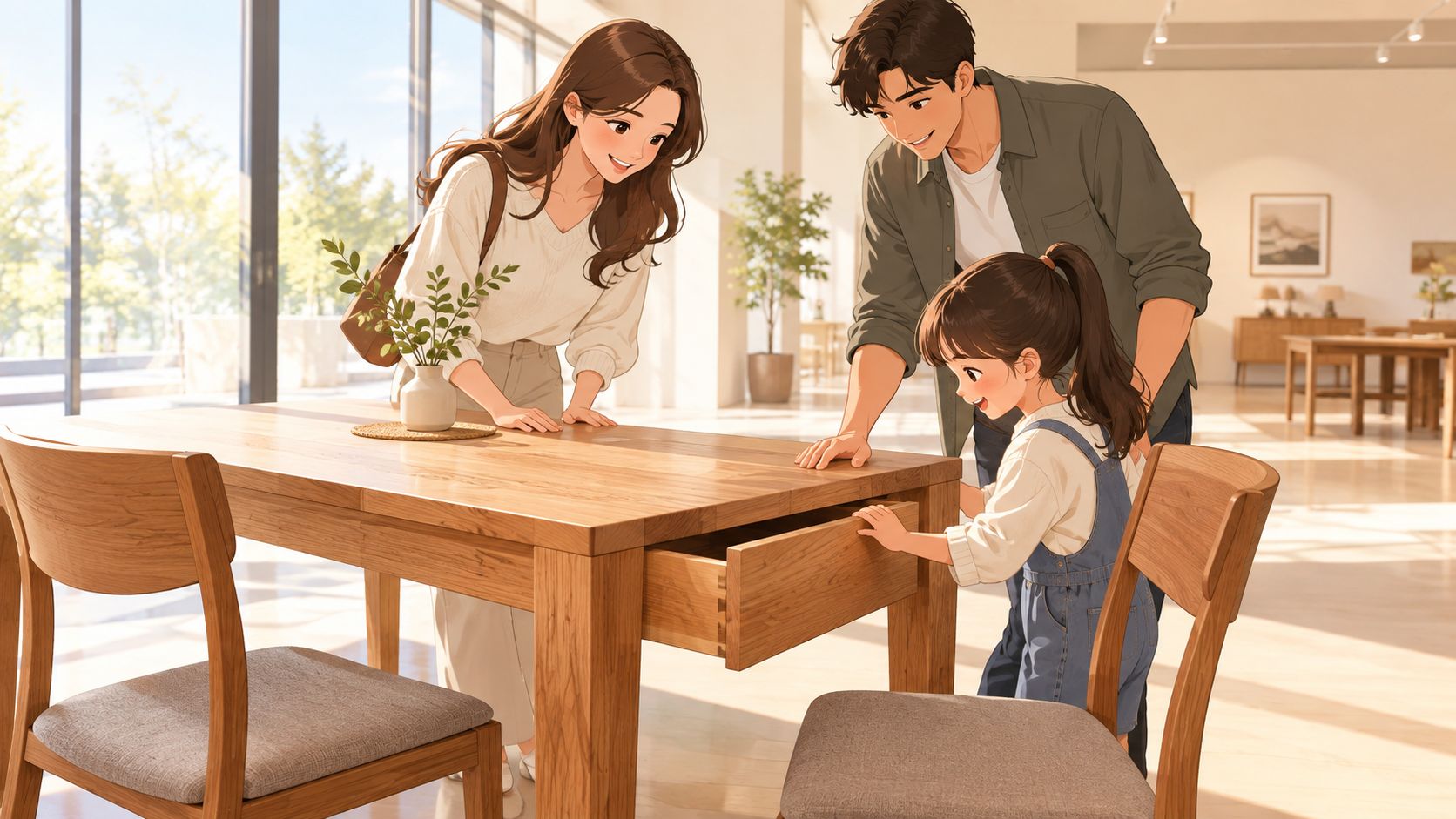 A happy young family exploring a wooden dining table in a bright, modern furniture showroom.