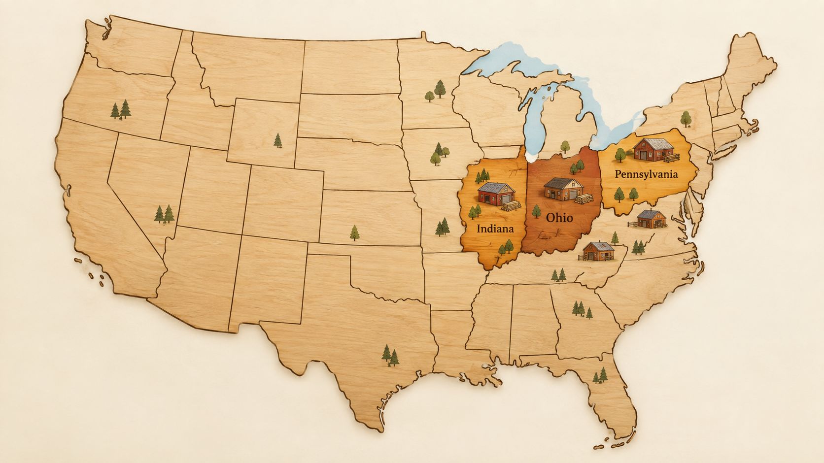 A wooden map of the United States highlighting Indiana, Ohio, and Pennsylvania with illustrations of barns.