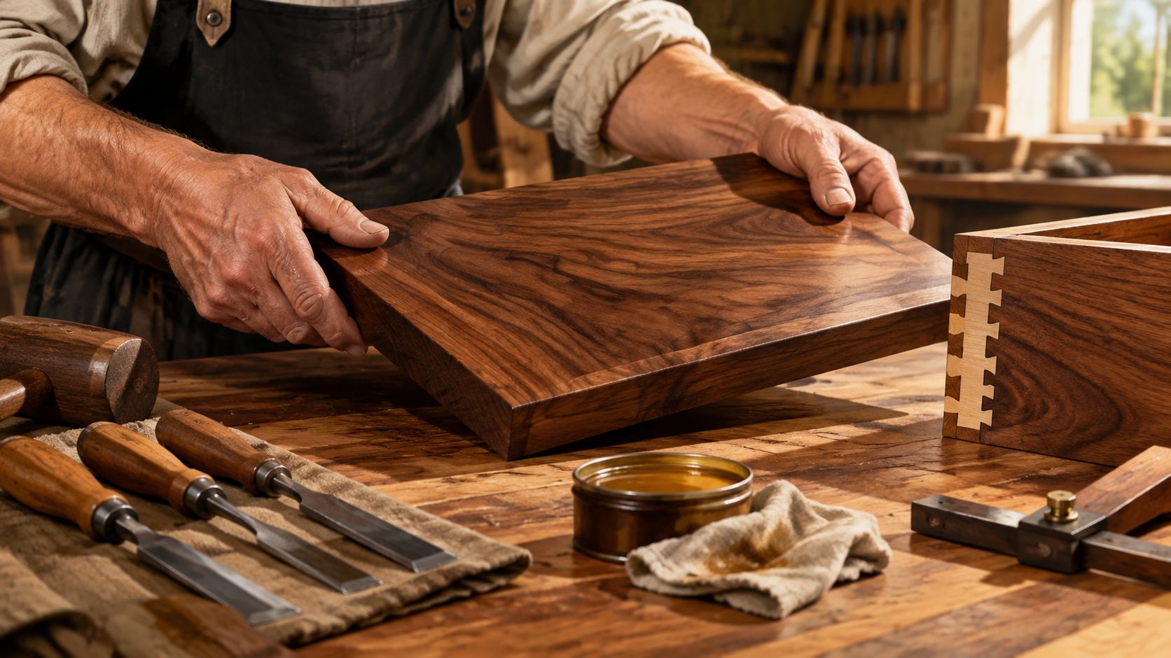 A skilled woodworker crafting a high-quality solid walnut wooden board inside a traditional handcrafted workshop setting.