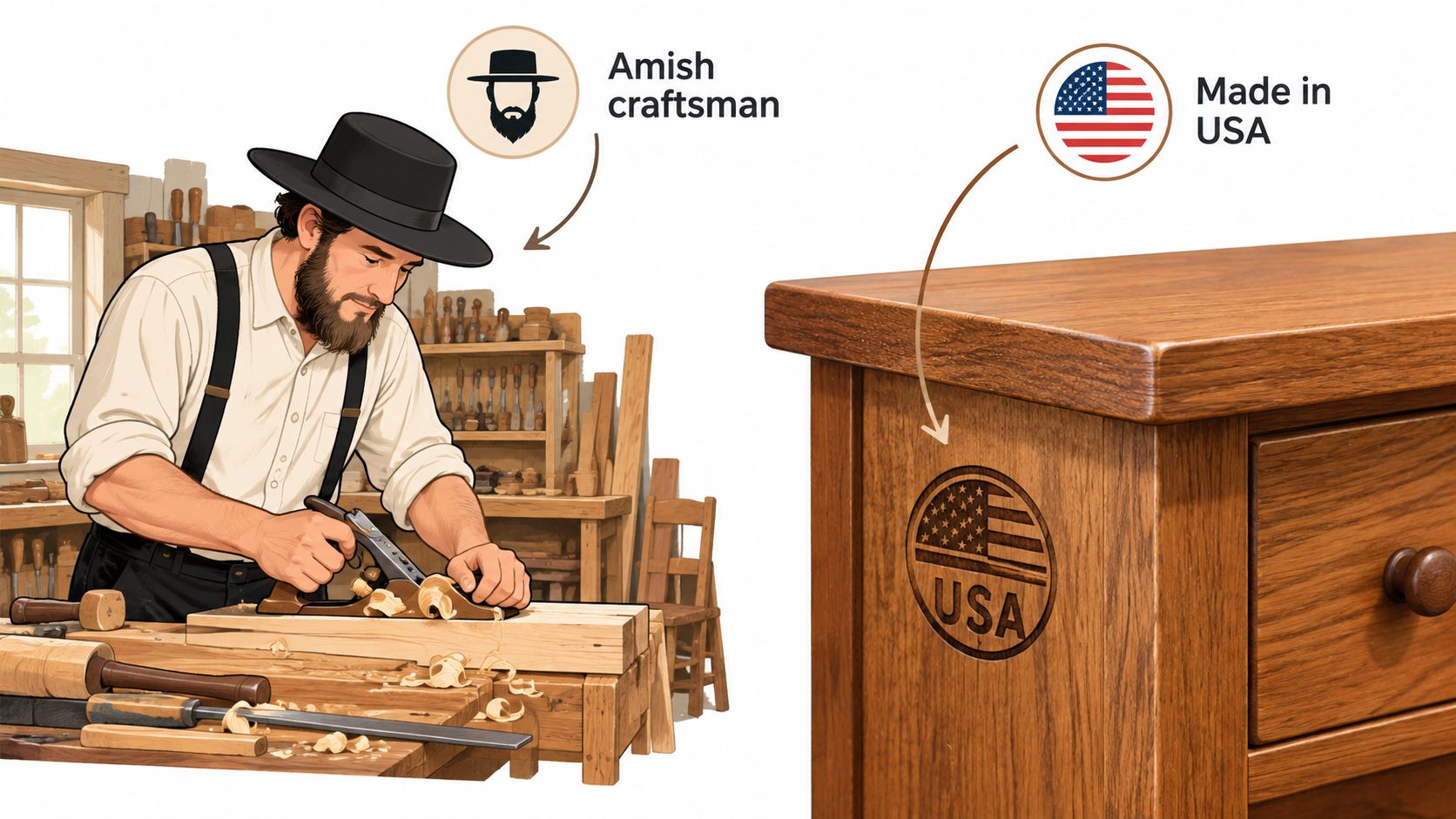 An Amish craftsman working on a piece of wooden furniture in his workshop with USA branding