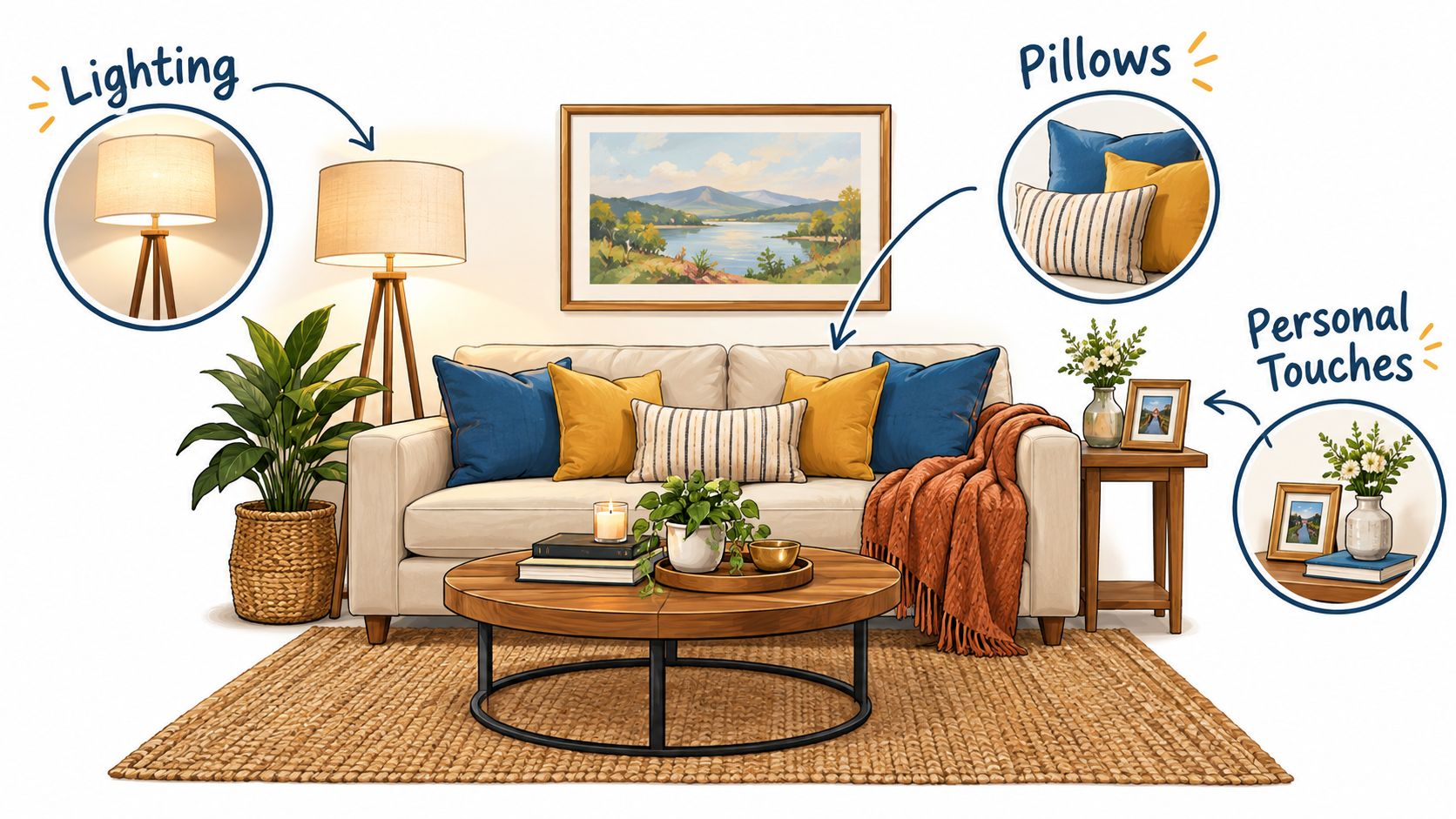 A cozy living room setup featuring a beige sofa, colorful pillows, a wooden coffee table, and decor.