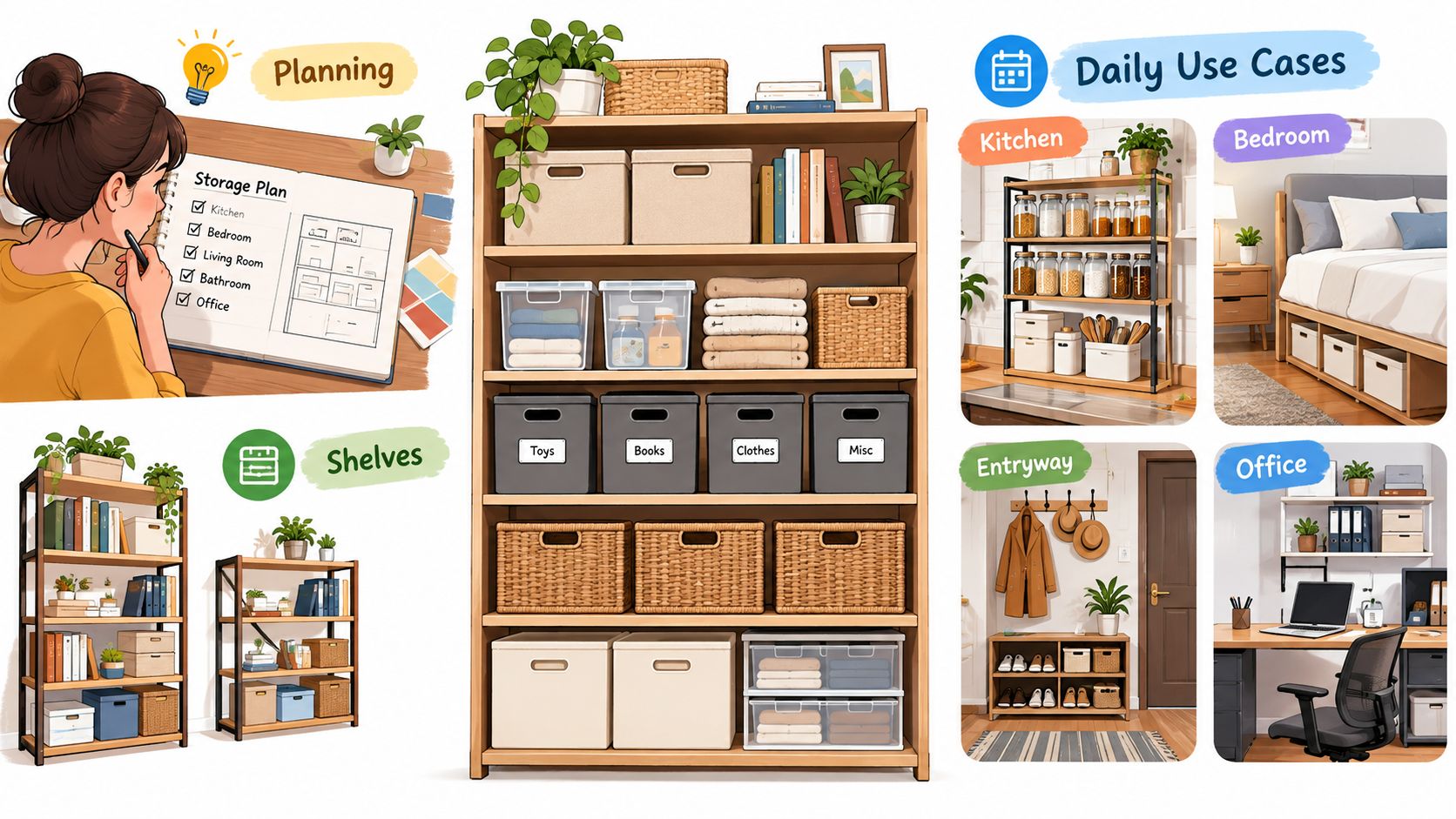 A woman planning storage solutions for her home, featuring shelves, organizers, and various room use cases.