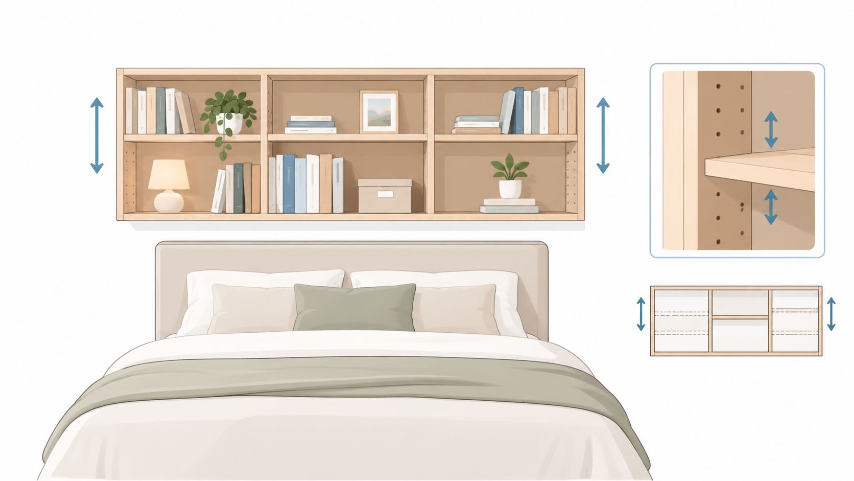 A modern wall-mounted bookcase installed above a neutral-colored bed frame with adjustable shelves shown in detail.