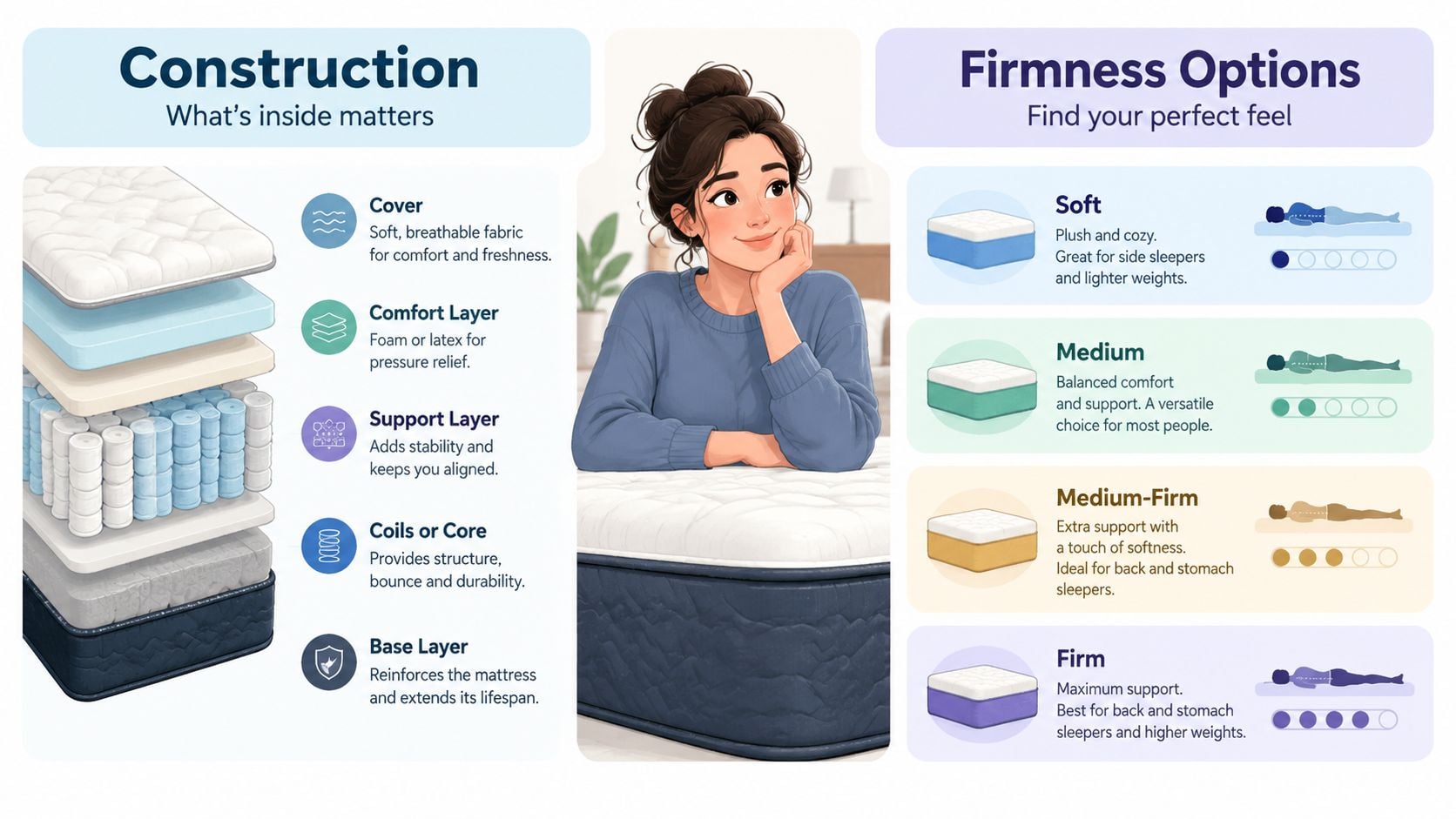 An educational infographic explaining mattress construction layers and available firmness levels for different types of sleepers.