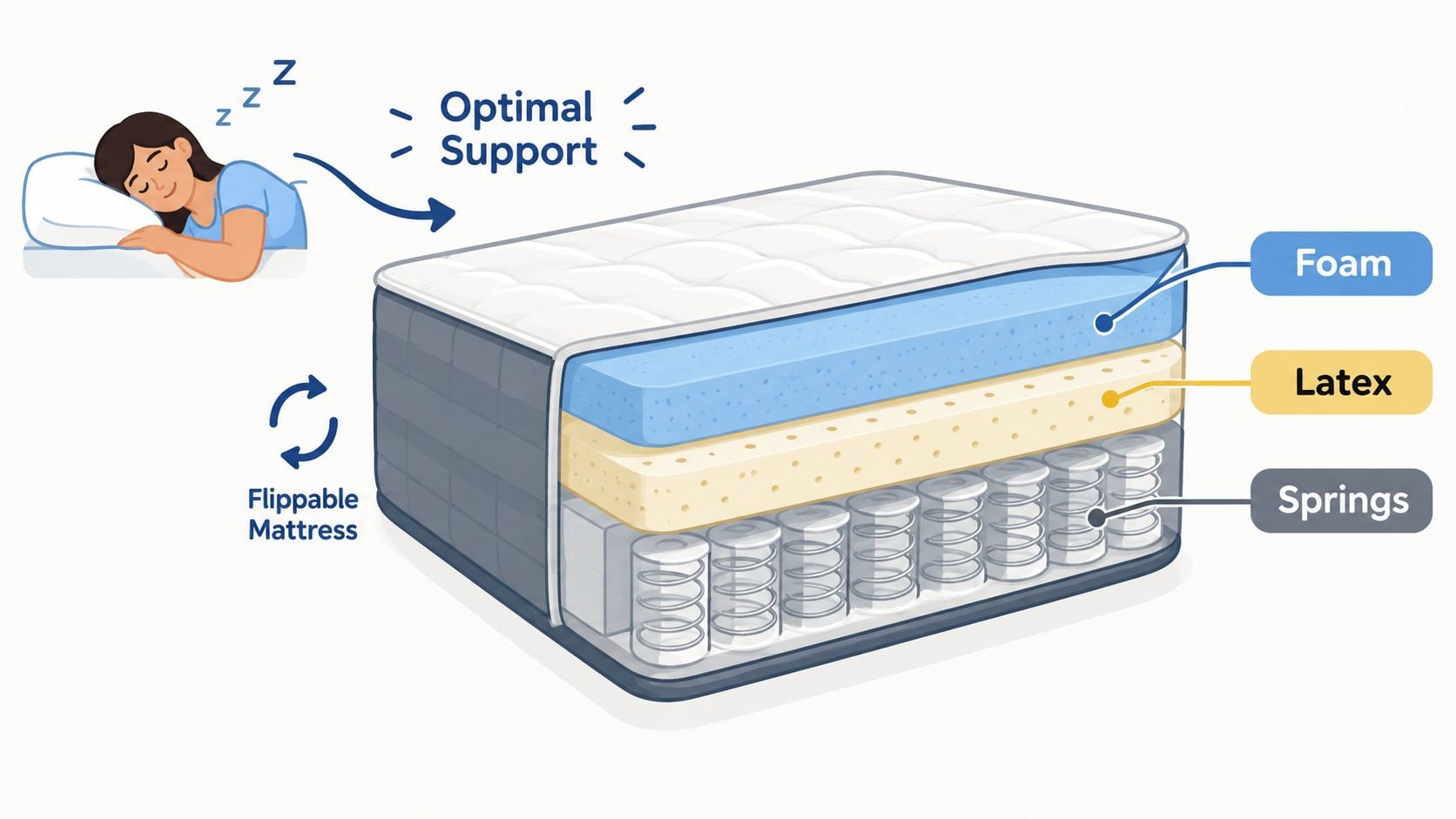 A diagram of a flippable mattress showing layers of foam, latex, and springs for optimal support.