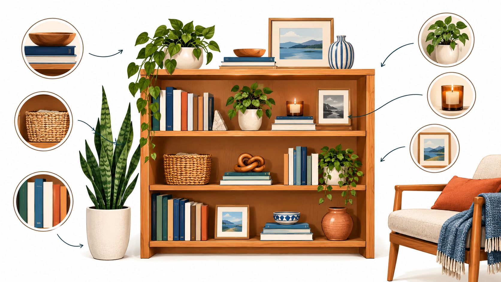 A wooden bookcase styled with various books, potted plants, small picture frames, and decorative baskets in a room.