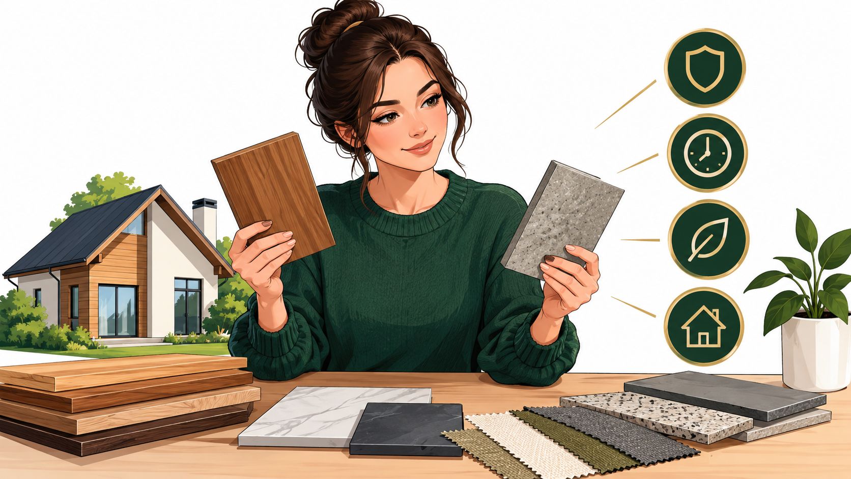A woman selecting interior design material samples, including wood and stone, for a home renovation project.