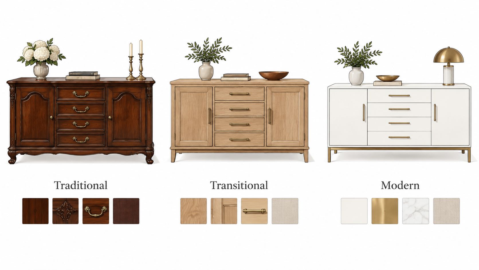Three different sideboards representing Traditional, Transitional, and Modern interior design styles with coordinating material samples.