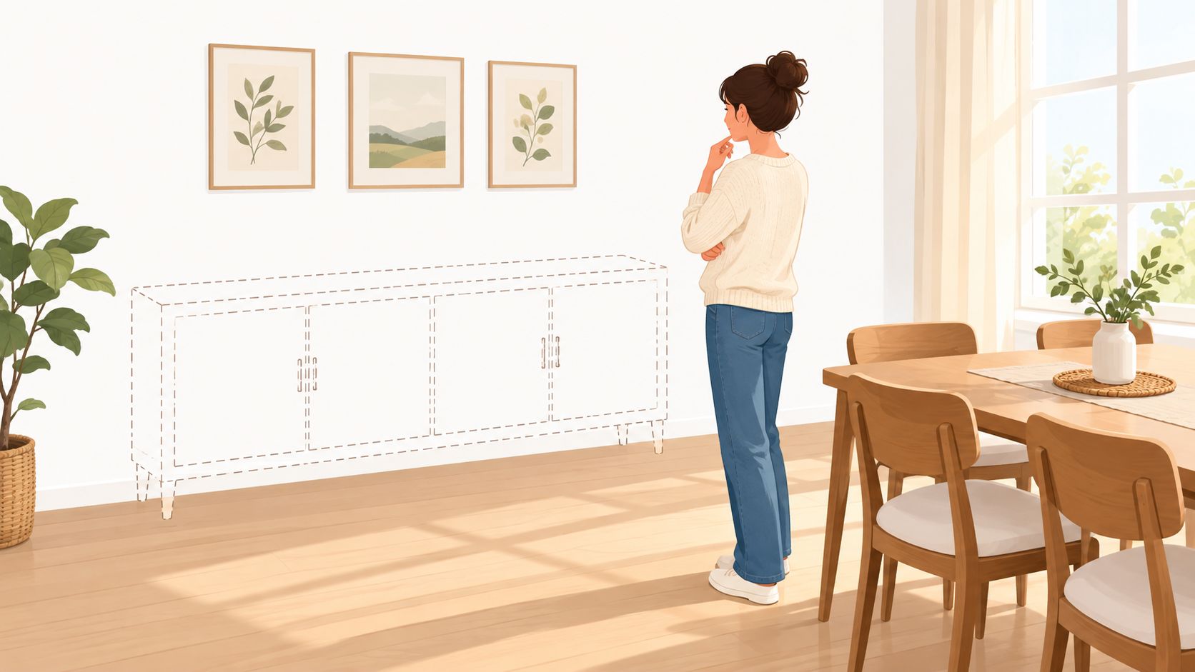 A woman stands in a bright room, considering the placement of a furniture piece illustrated as a blueprint.