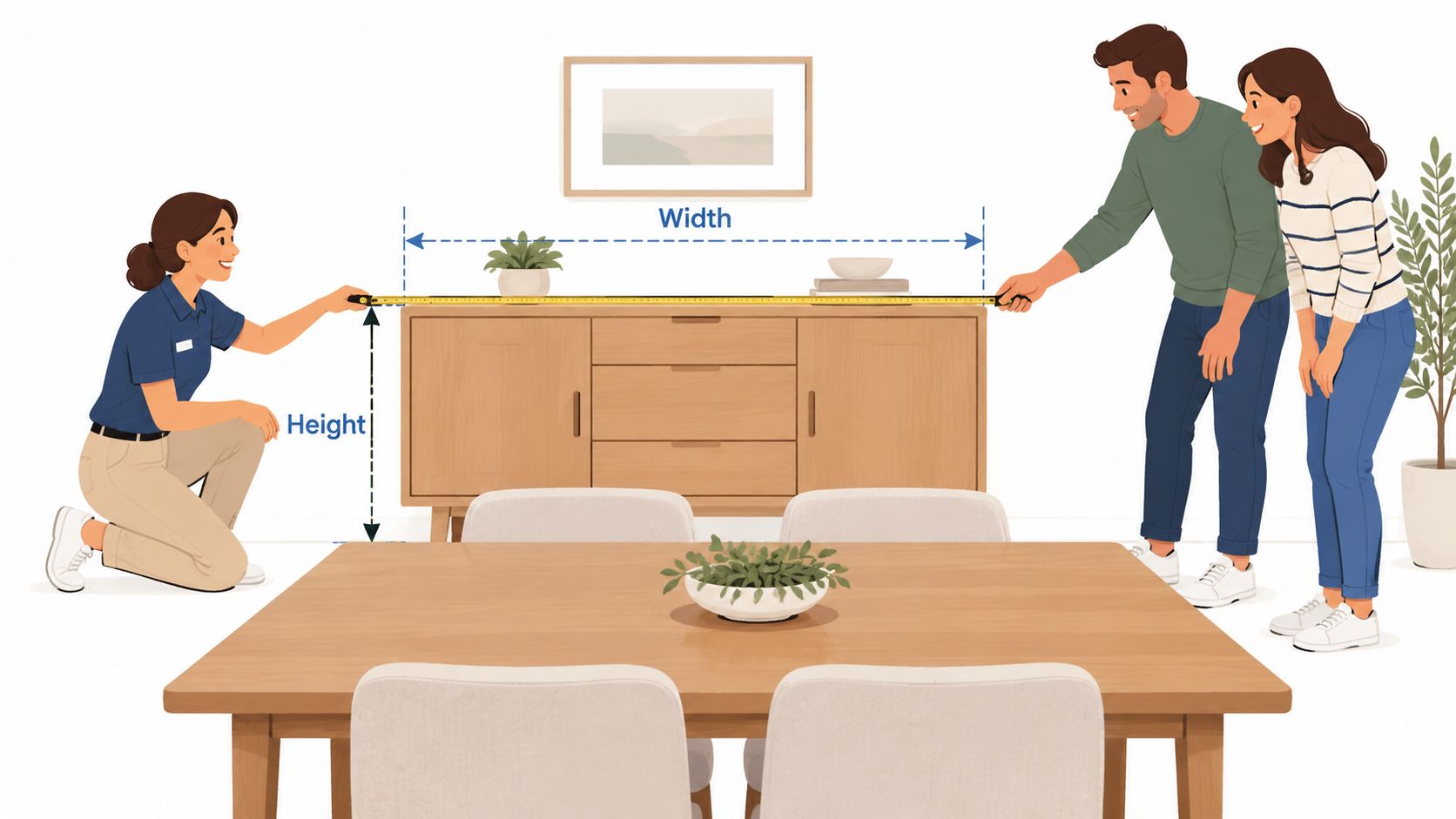 A professional woman and a couple measuring the dimensions of a wooden buffet in a dining room.