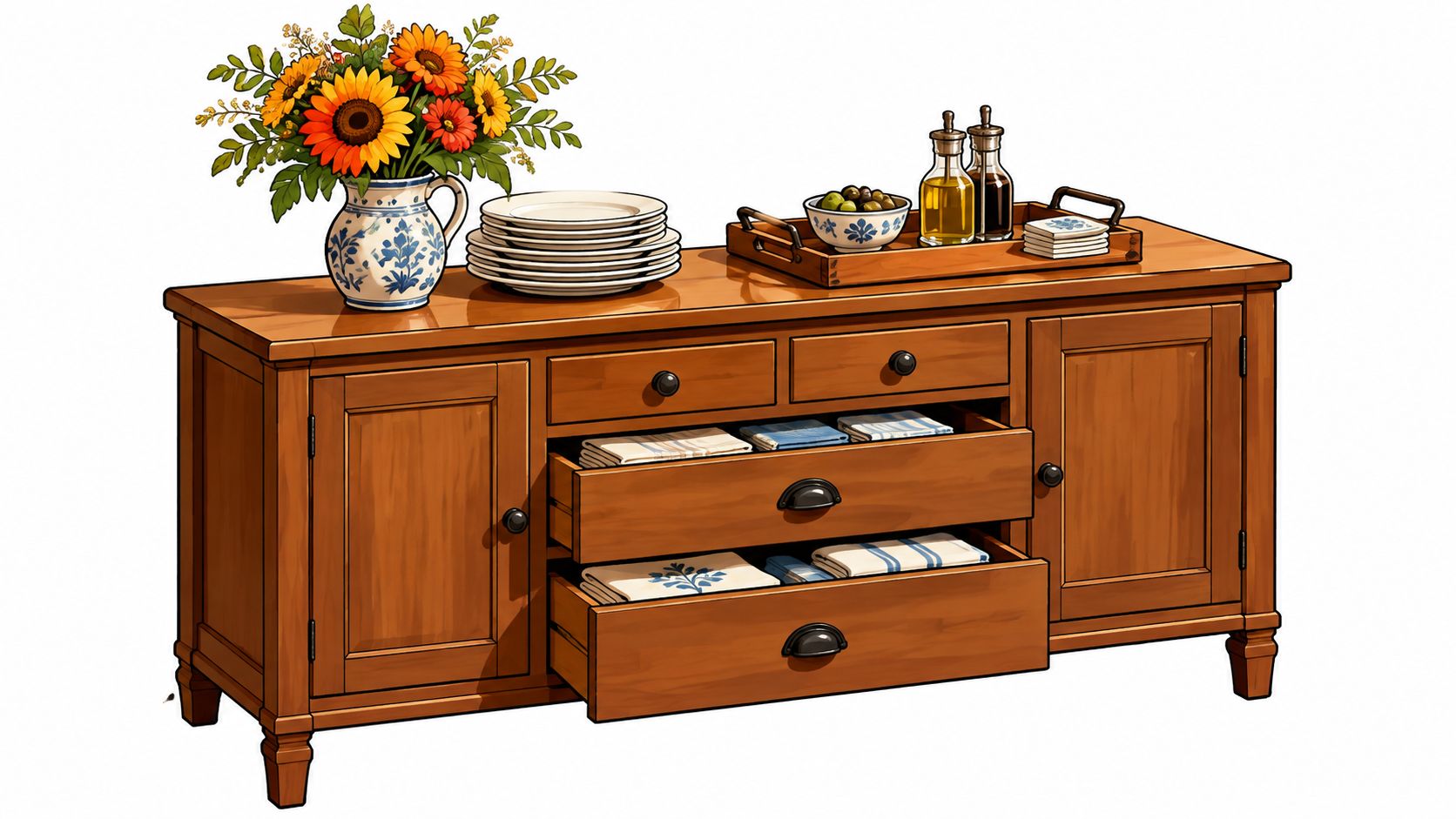 A wooden buffet server featuring sunflowers, stacked plates, and open drawers filled with folded cloth napkins.
